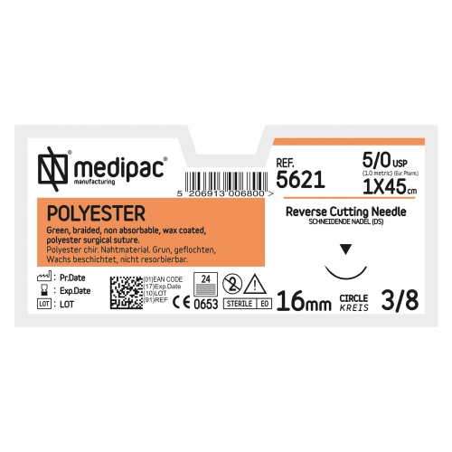 Medipac Polyester - USP 5/0, EP 1.0, jehla řezná 3/8 