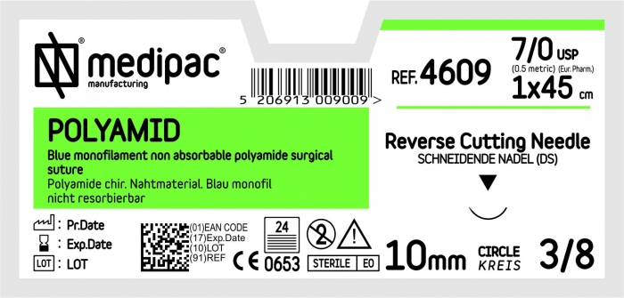MEDIPAC Polyamid - USP 7/0, EP 0.5, jehla řezná 3/8
