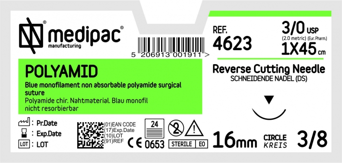 MEDIPAC Polyamid - USP 3/0, EP 2.0, jehla řezná 3/8