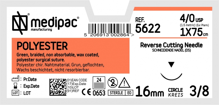 MEDIPAC Polyester - USP 4/0, EP 1.5, jehla řezná 3/8