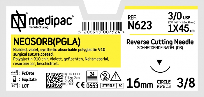 MEDIPAC Neosorb PGLA - USP 3/0, EP 2.0, jehla řezná