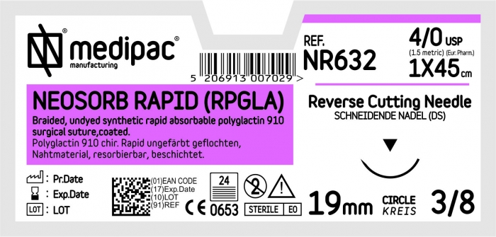 MEDIPAC Neosorb Rapid RPGLA - USP 4/0, EP 1.5, jehla řezná 3/8