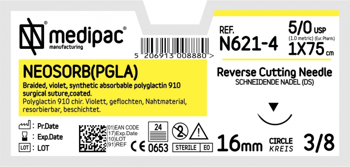MEDIPAC Neosorb PGLA - USP 5/0, EP 1.0, jehla řezná 3/8